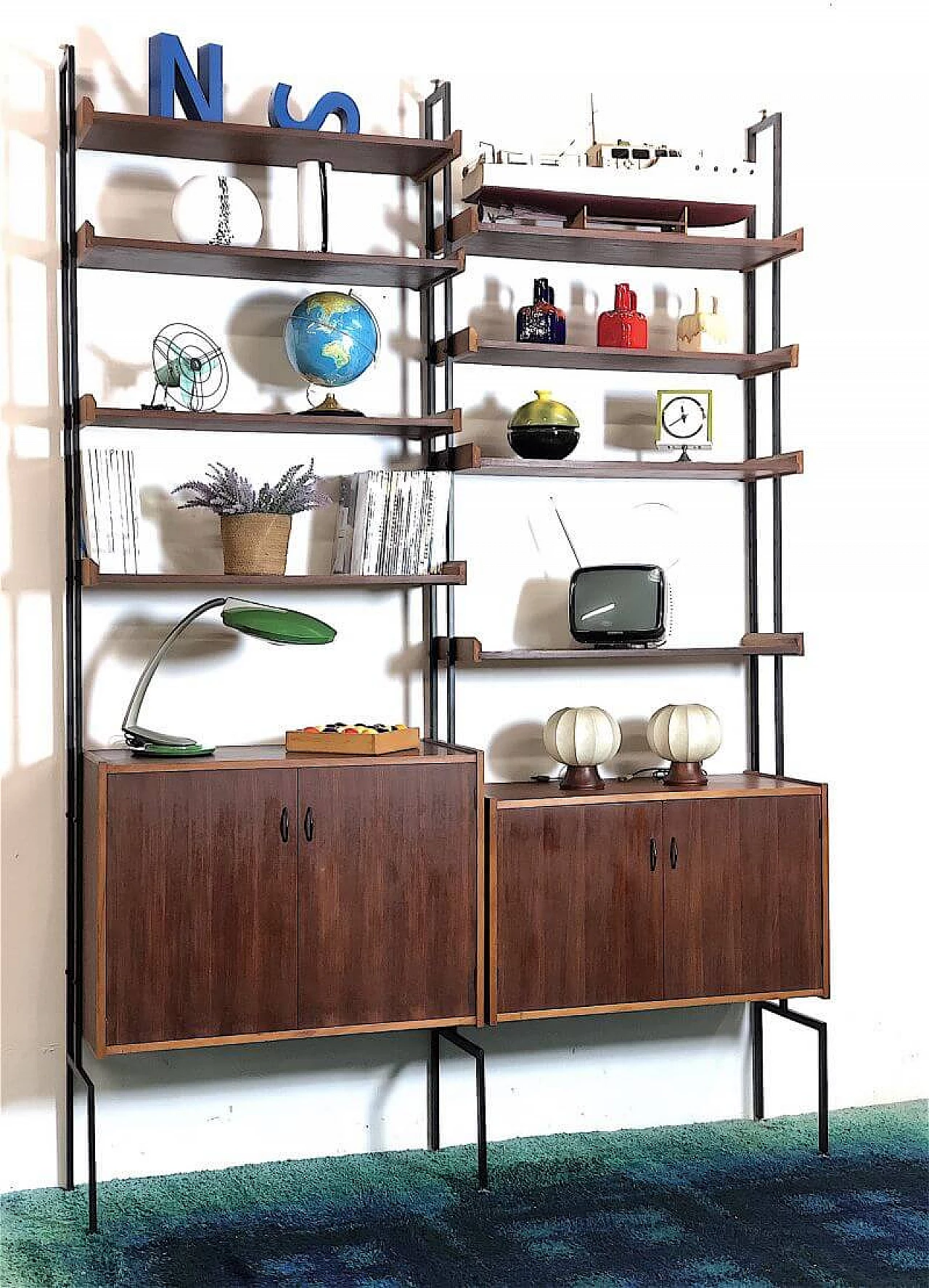 Two-bay bookcase in teak veneer wood, 1960s 1