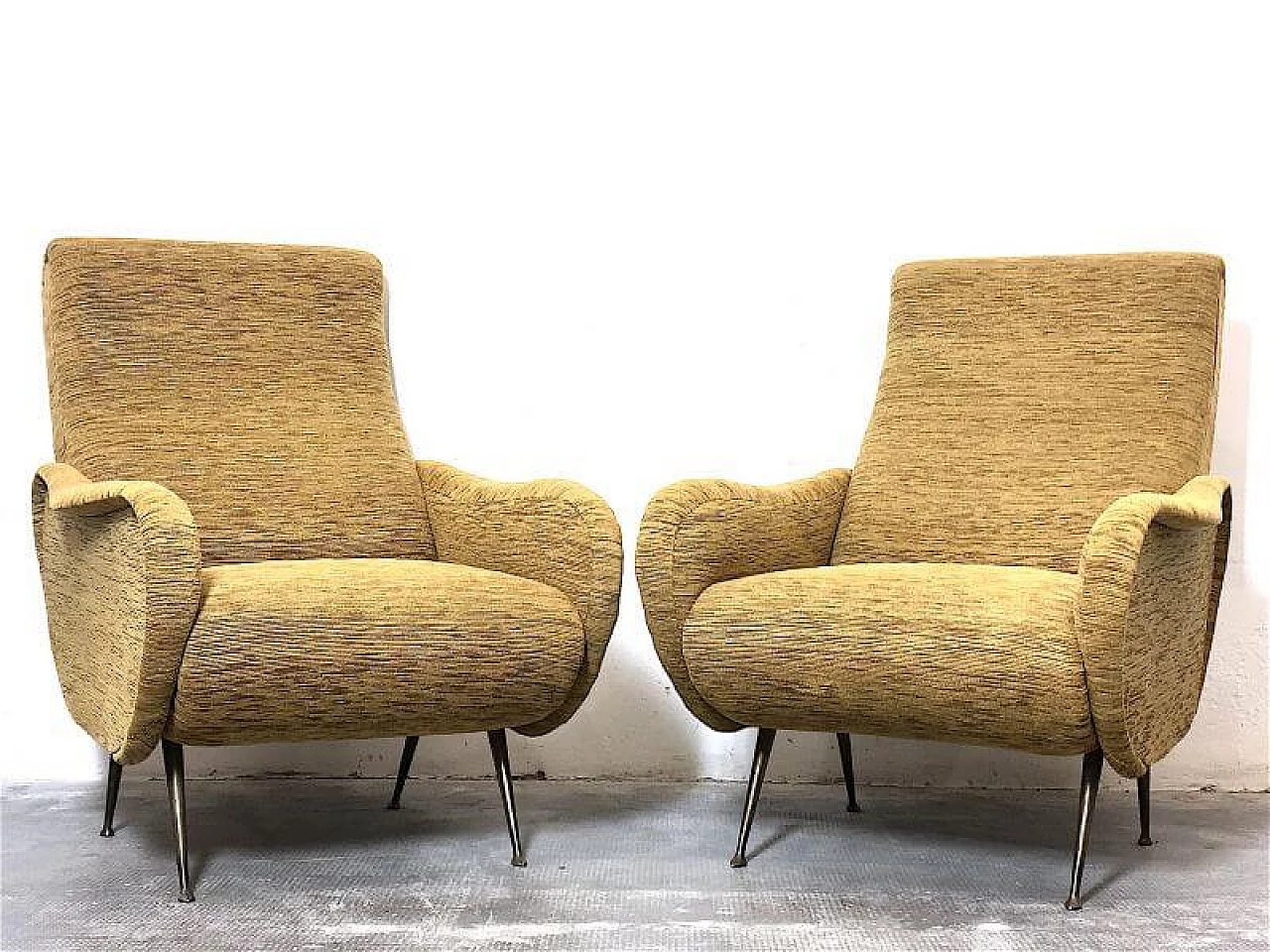 Pair of Lady armchairs with brass feet attributed to Marco Zanuso, 1950s 4