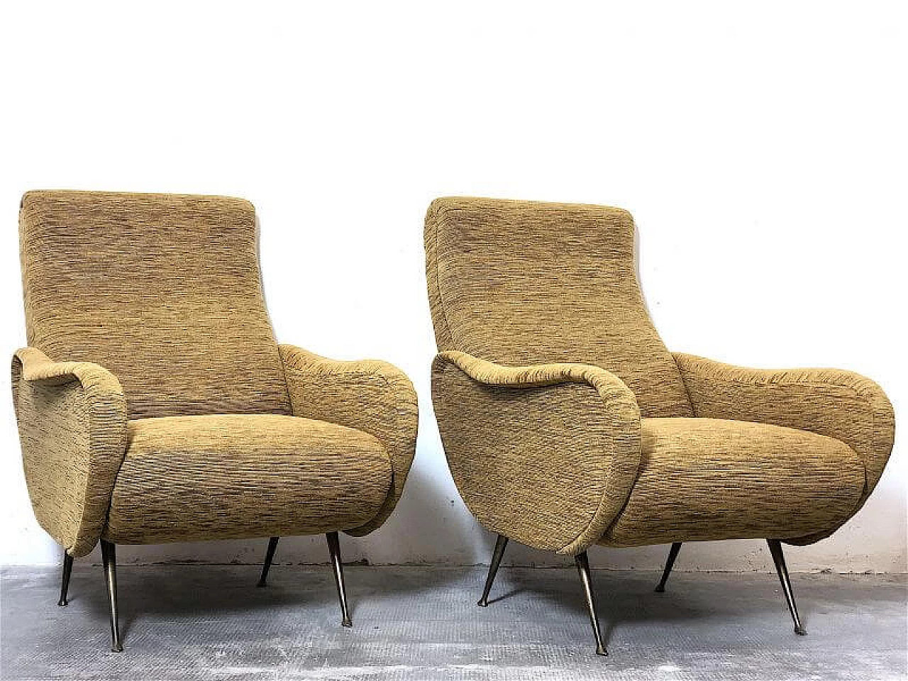 Pair of Lady armchairs with brass feet attributed to Marco Zanuso, 1950s 5