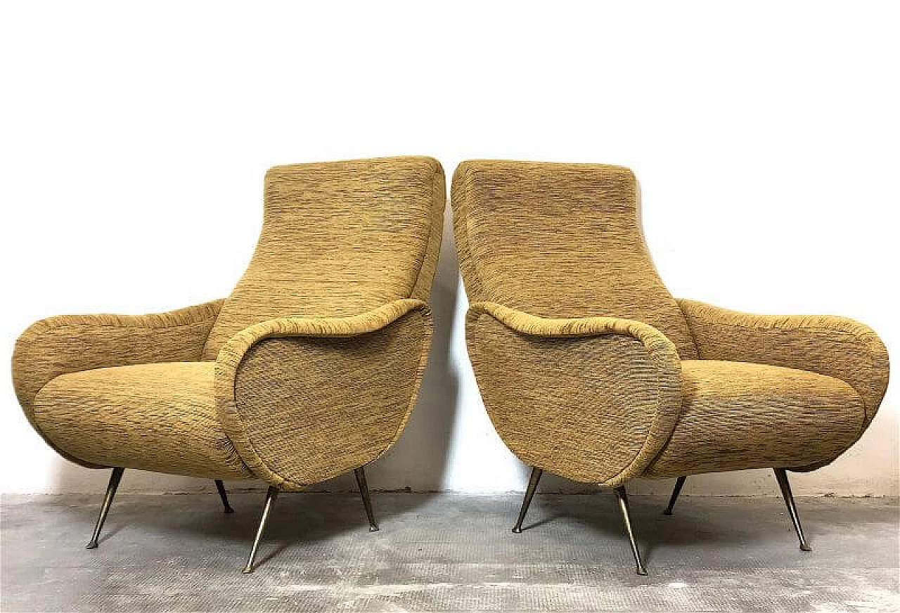 Pair of Lady armchairs with brass feet attributed to Marco Zanuso, 1950s 7