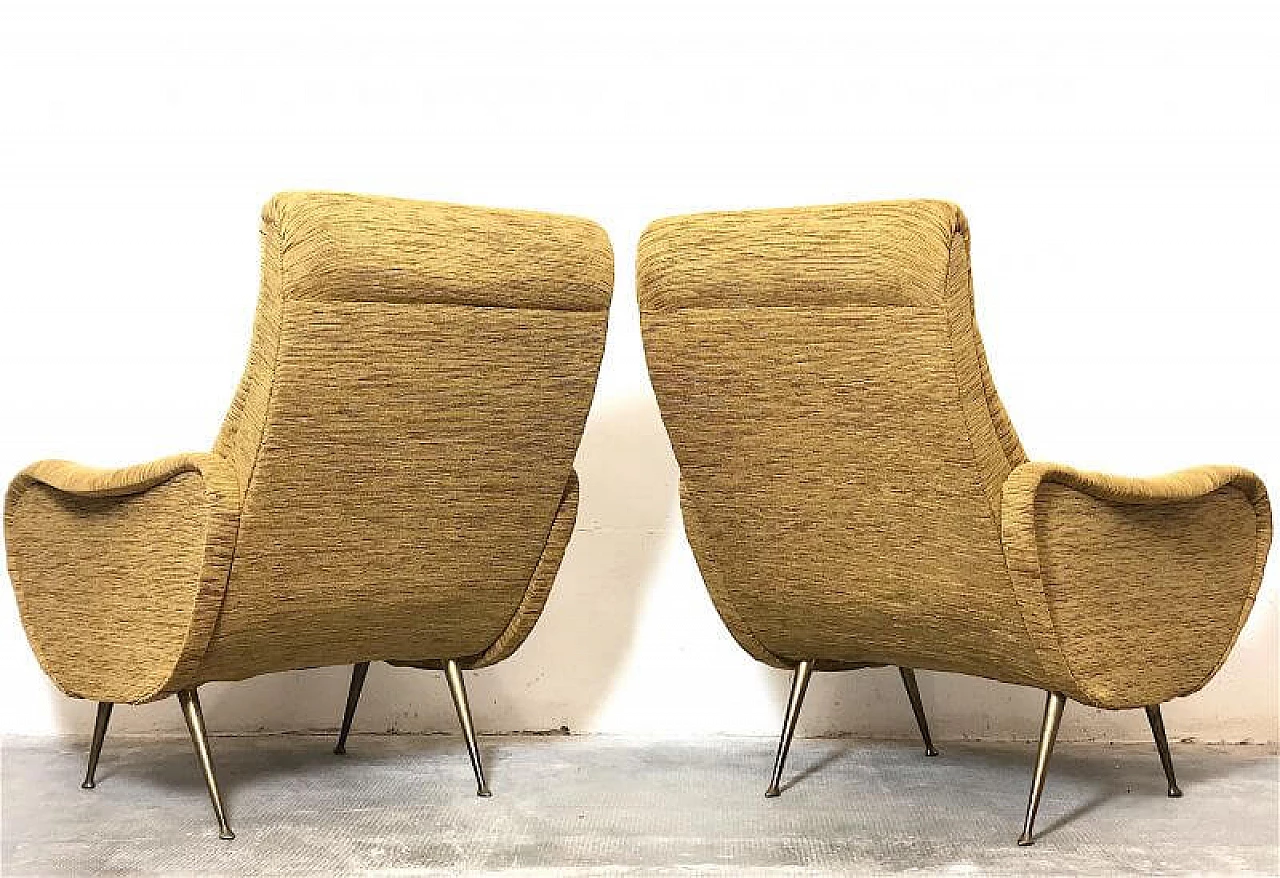 Pair of Lady armchairs with brass feet attributed to Marco Zanuso, 1950s 9