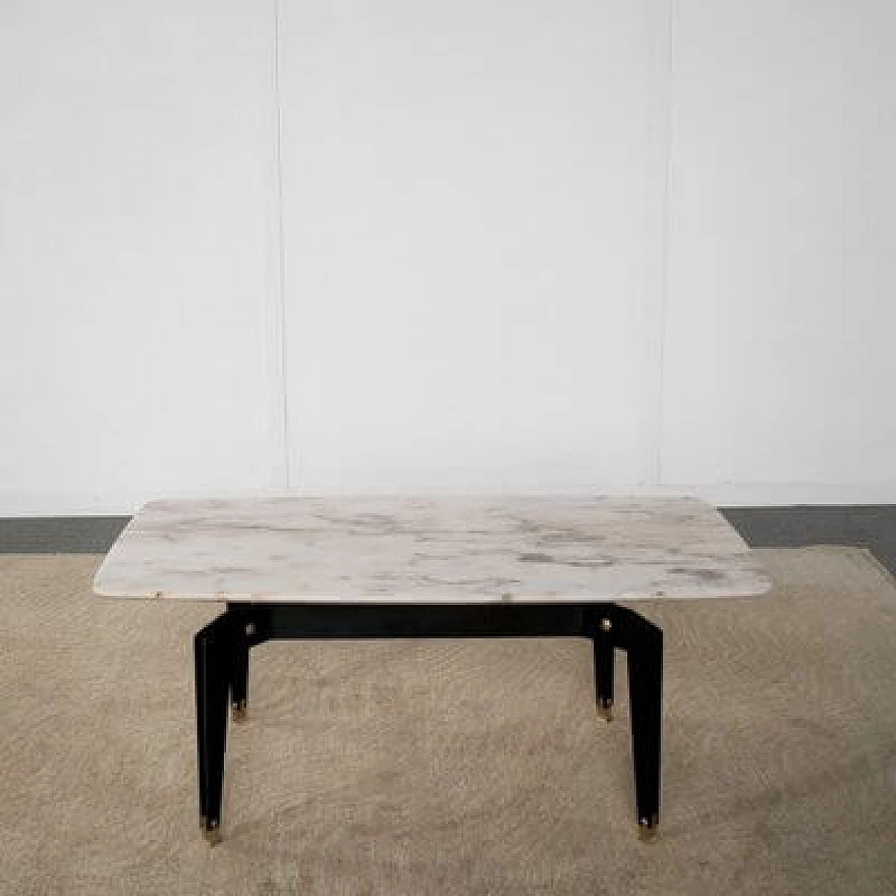 Black enameled metal, brass and pink marble coffee table, 1950s 1