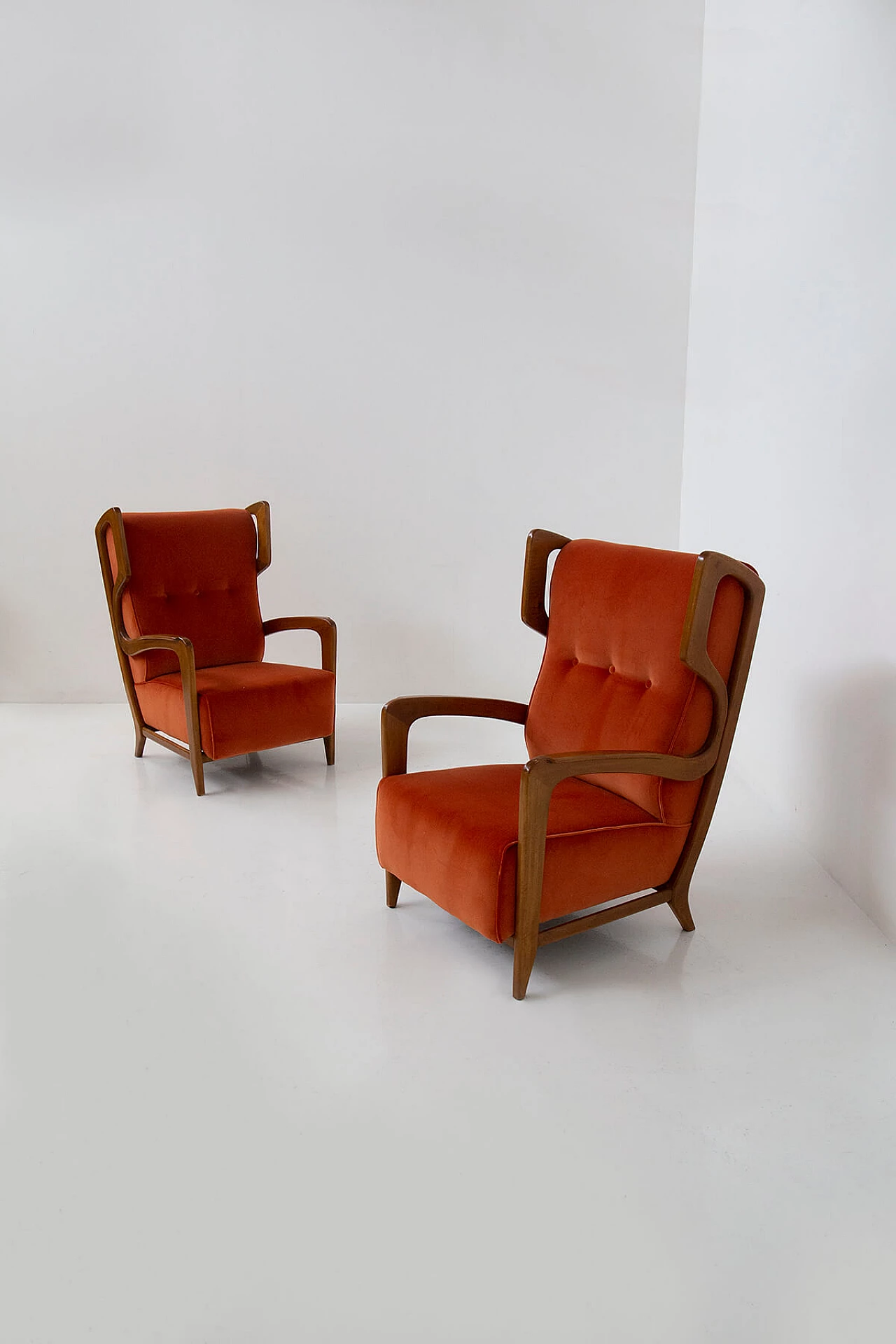Pair of wood and velvet armchairs by Orlando Orlandi, 1950s 15