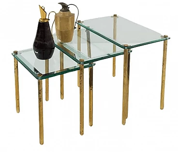 Trittico di tavolini in vetro spesso e ottone, anni '60