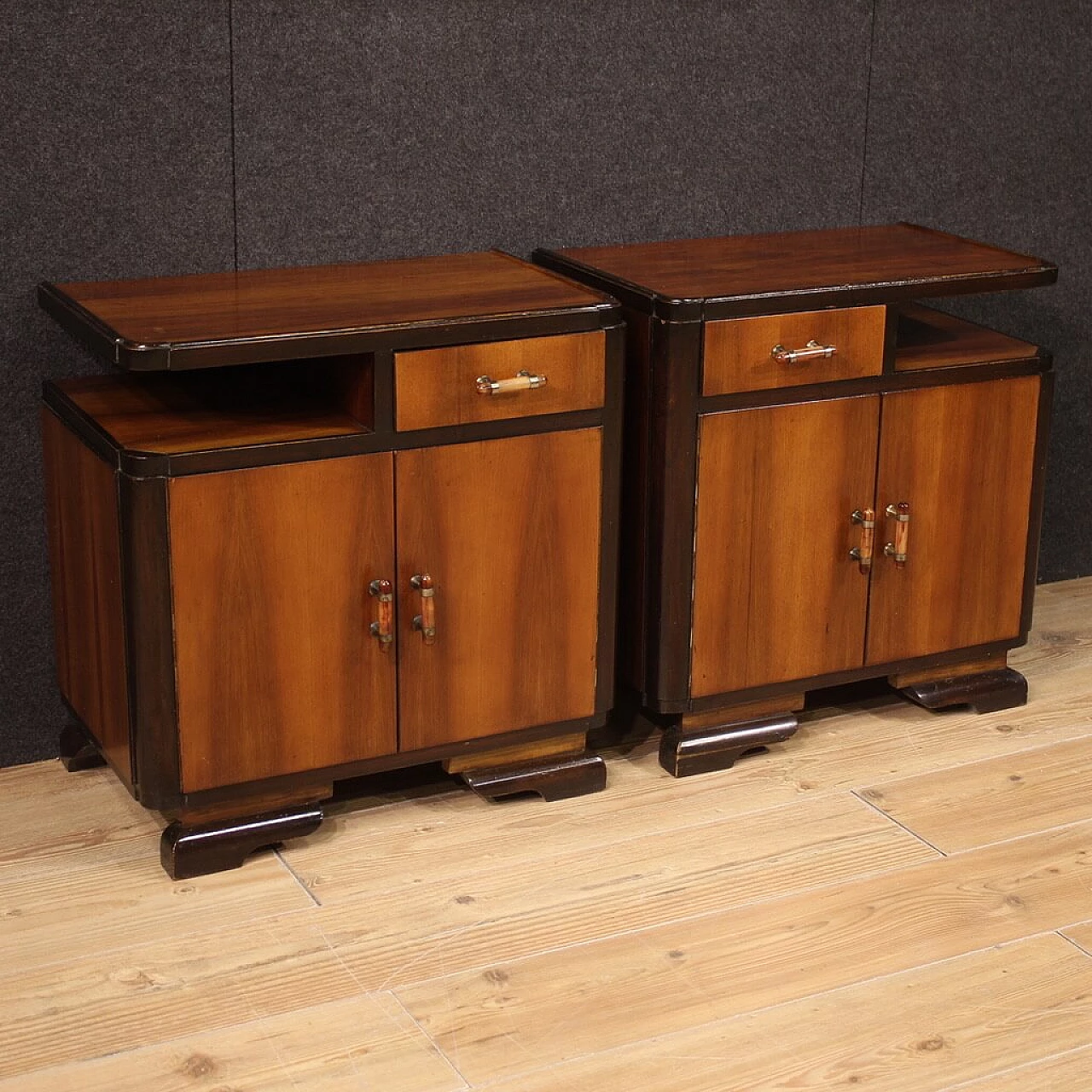 Pair of Art Deco walnut, mahogany and fruit wood bedside tables, 1950s 1
