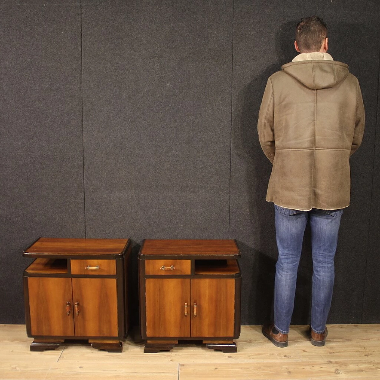 Pair of Art Deco walnut, mahogany and fruit wood bedside tables, 1950s 2