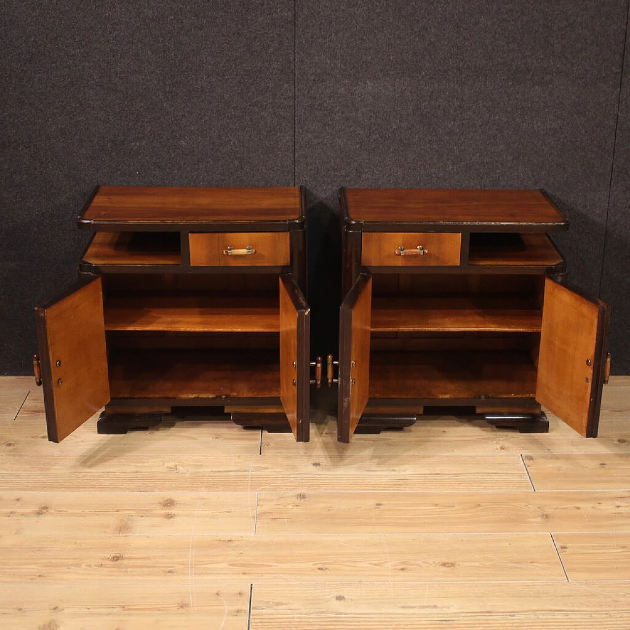 Pair of Art Deco walnut, mahogany and fruit wood bedside tables, 1950s 3