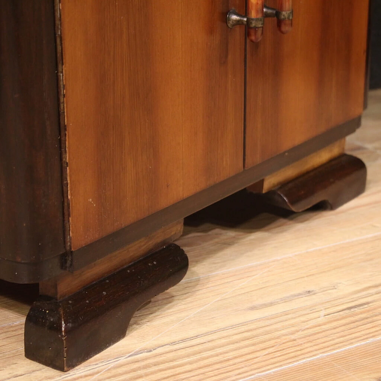 Pair of Art Deco walnut, mahogany and fruit wood bedside tables, 1950s 4