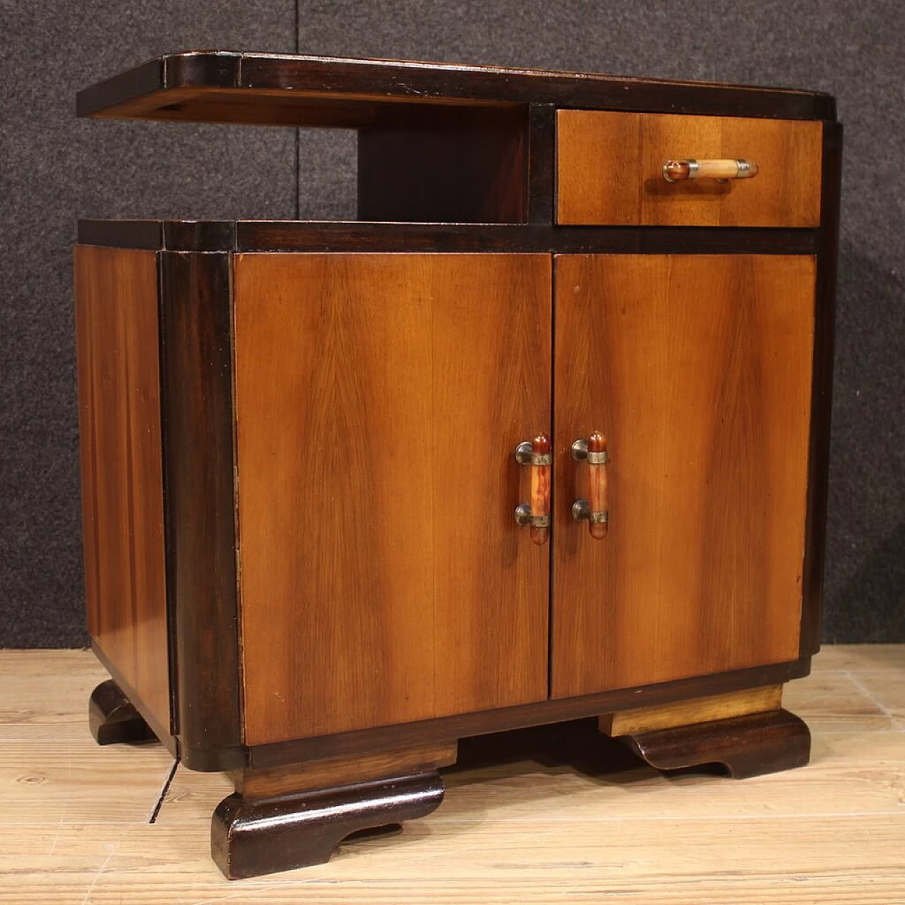 Pair of Art Deco walnut, mahogany and fruit wood bedside tables, 1950s 5