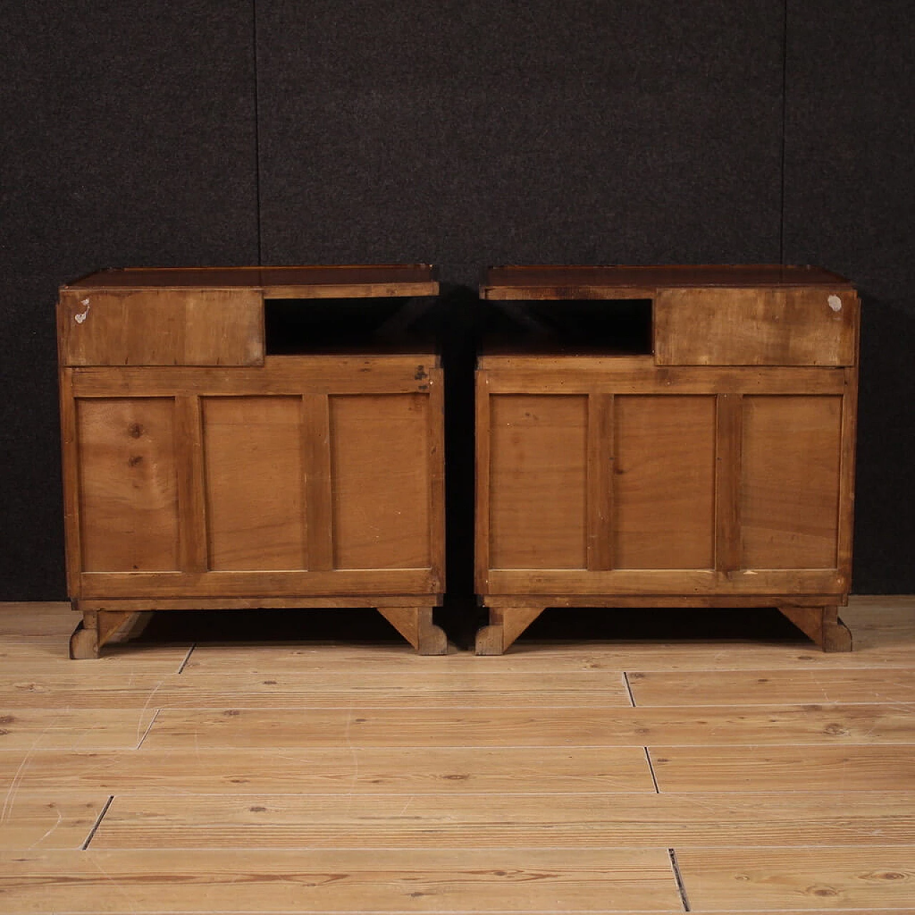 Pair of Art Deco walnut, mahogany and fruit wood bedside tables, 1950s 6