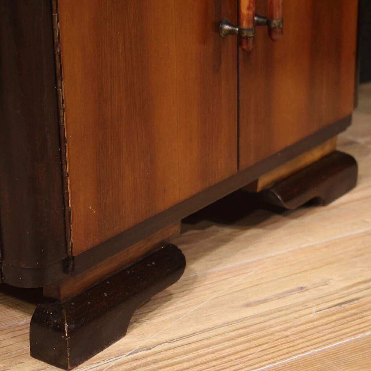 Pair of Art Deco walnut, mahogany and fruit wood bedside tables, 1950s 7