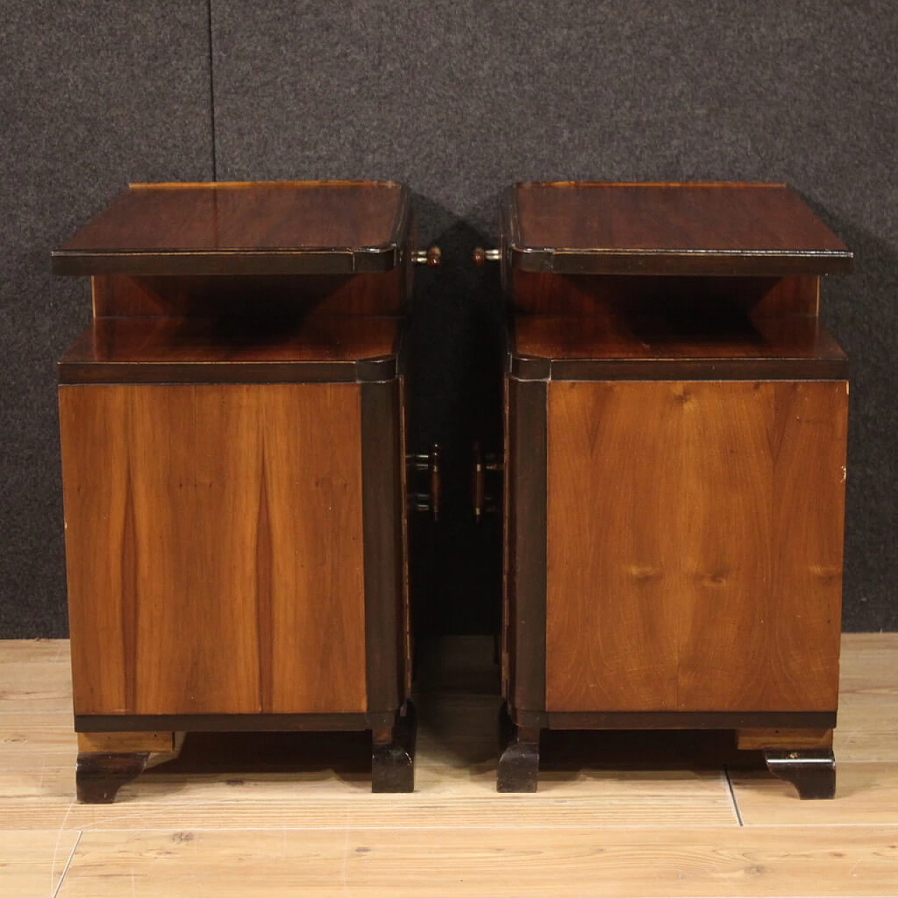 Pair of Art Deco walnut, mahogany and fruit wood bedside tables, 1950s 8
