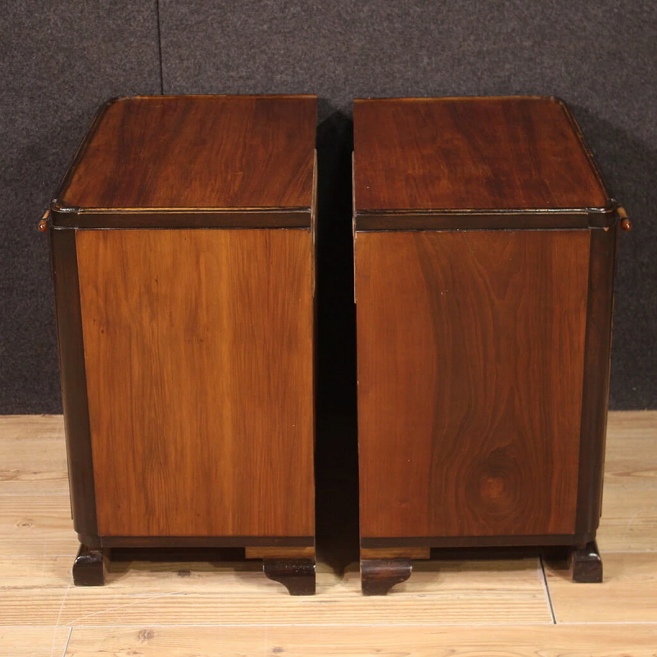 Pair of Art Deco walnut, mahogany and fruit wood bedside tables, 1950s 9