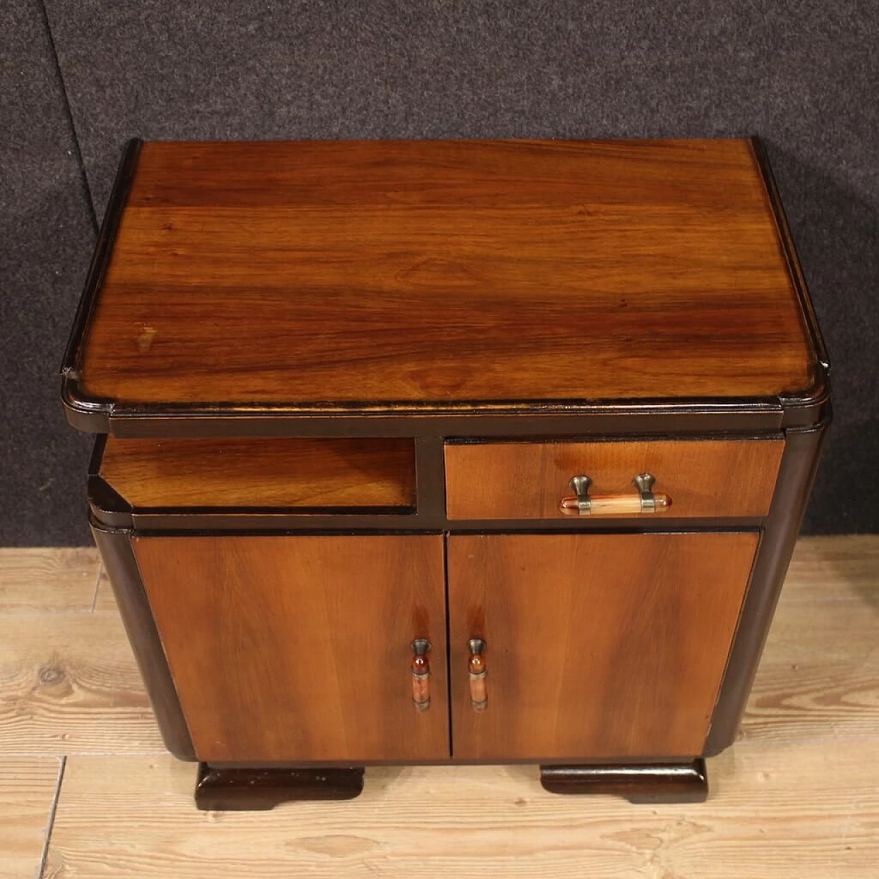 Pair of Art Deco walnut, mahogany and fruit wood bedside tables, 1950s 10
