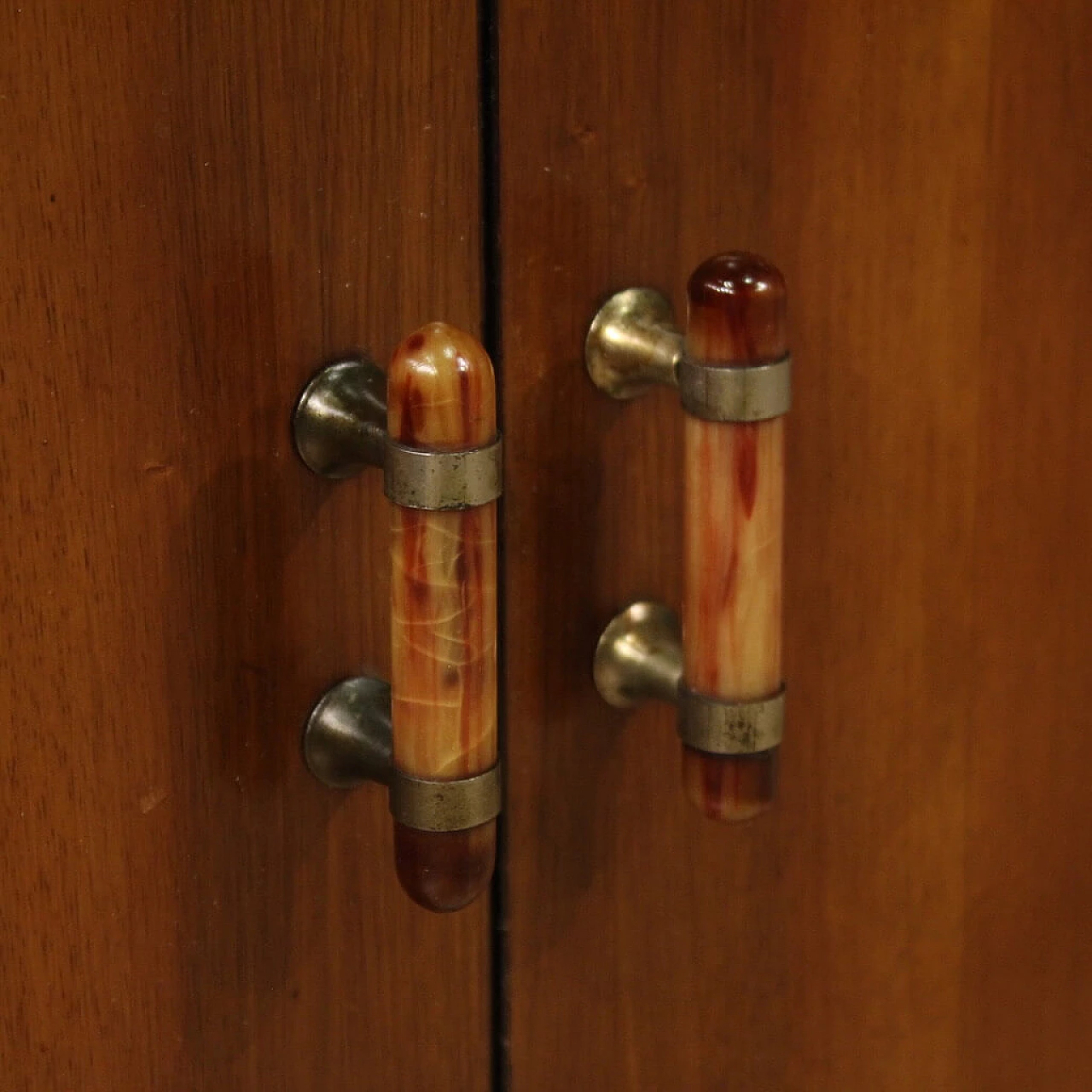 Pair of Art Deco walnut, mahogany and fruit wood bedside tables, 1950s 11