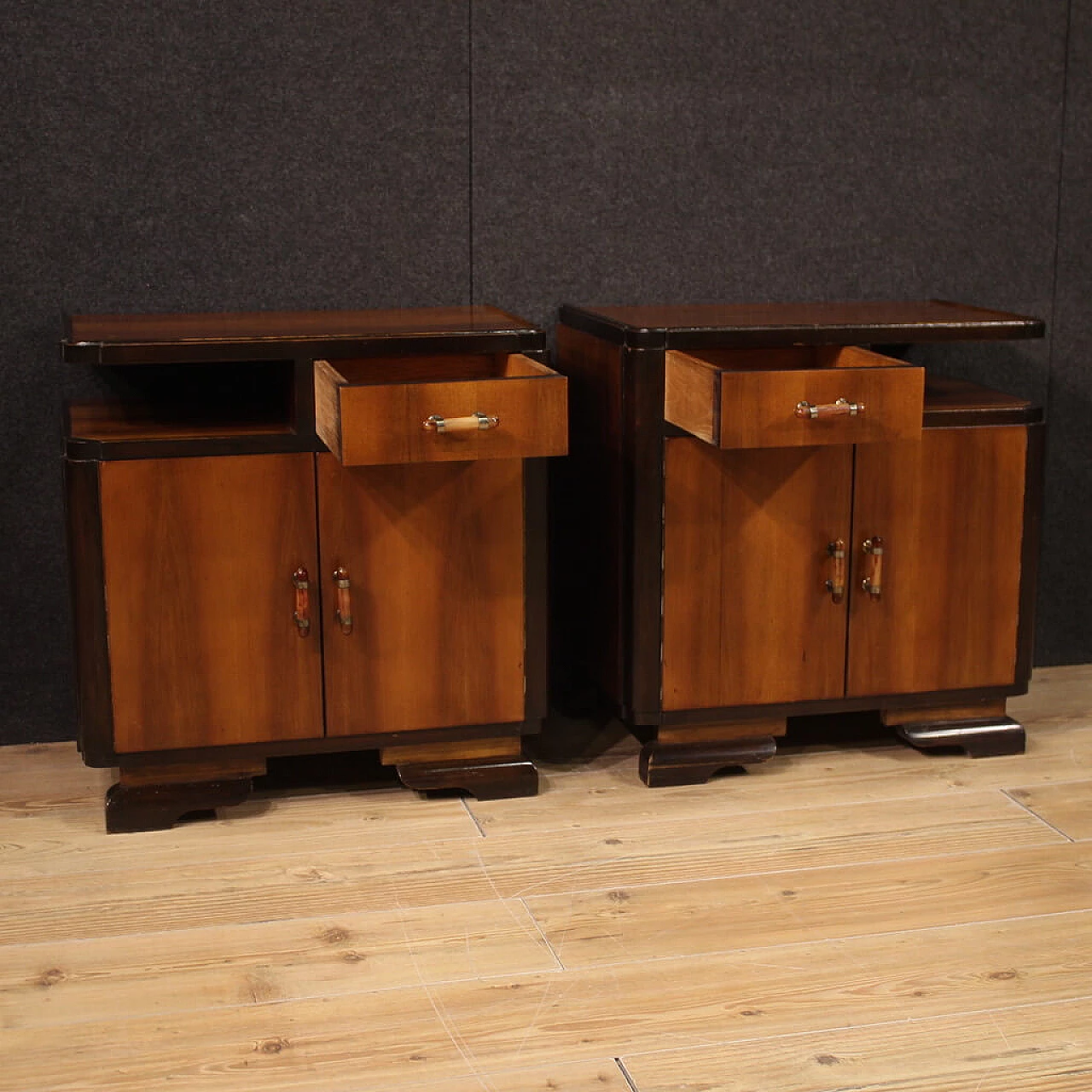 Pair of Art Deco walnut, mahogany and fruit wood bedside tables, 1950s 12