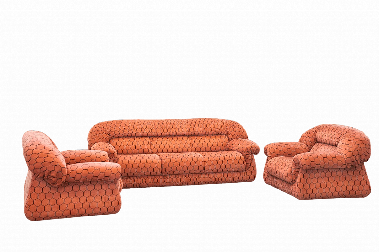 Orange and black fabric sofa and pair of armchairs, 1970s 26