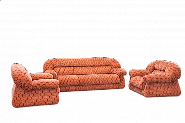 Orange and black fabric sofa and pair of armchairs, 1970s