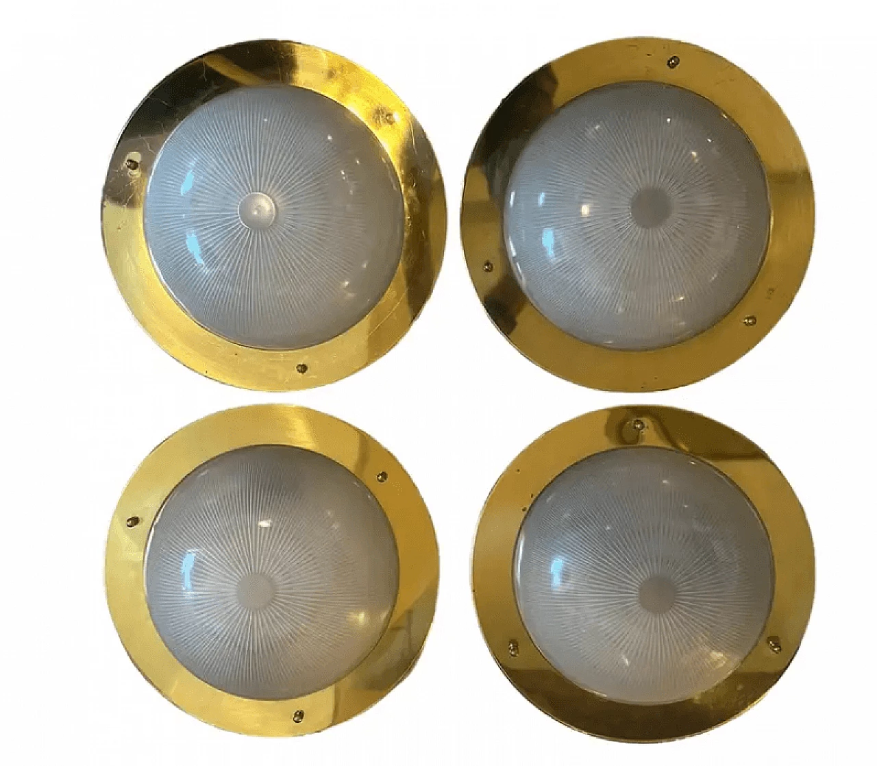 4 Round ceiling lights in brass and glass in the style of Luigi Caccia Dominioni, 1960s 1