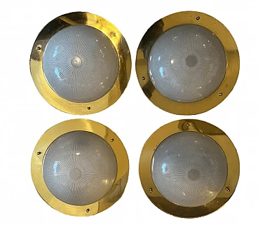 4 Round ceiling lights in brass and glass in the style of Luigi Caccia Dominioni, 1960s