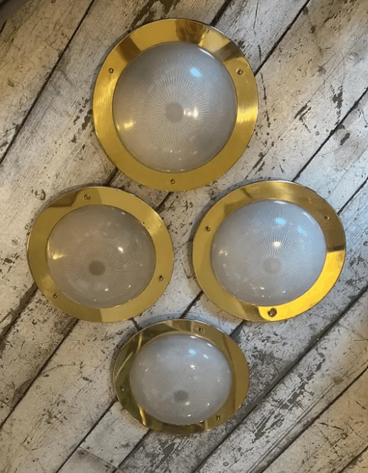 4 Round ceiling lights in brass and glass in the style of Luigi Caccia Dominioni, 1960s 3