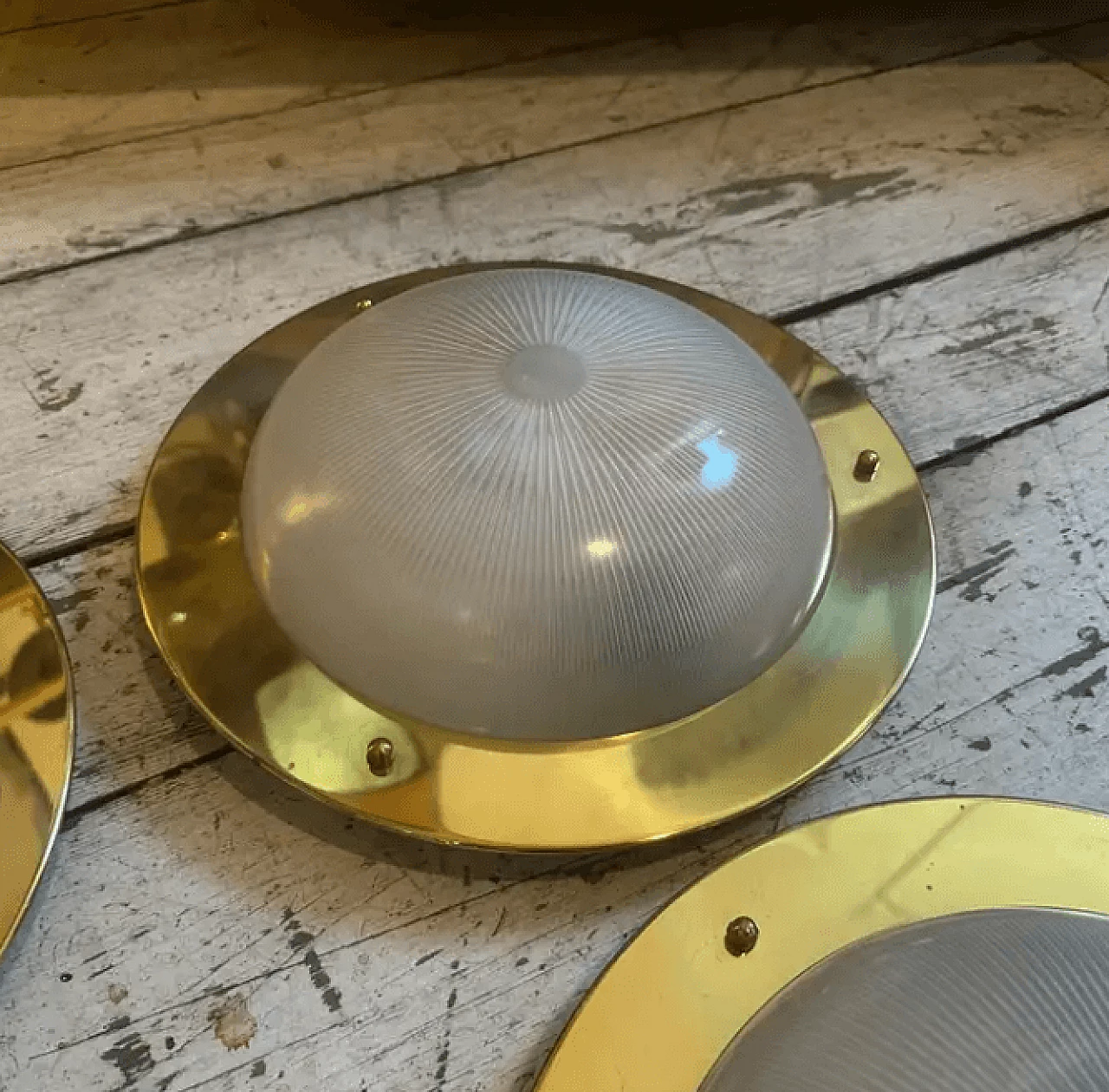 4 Round ceiling lights in brass and glass in the style of Luigi Caccia Dominioni, 1960s 4