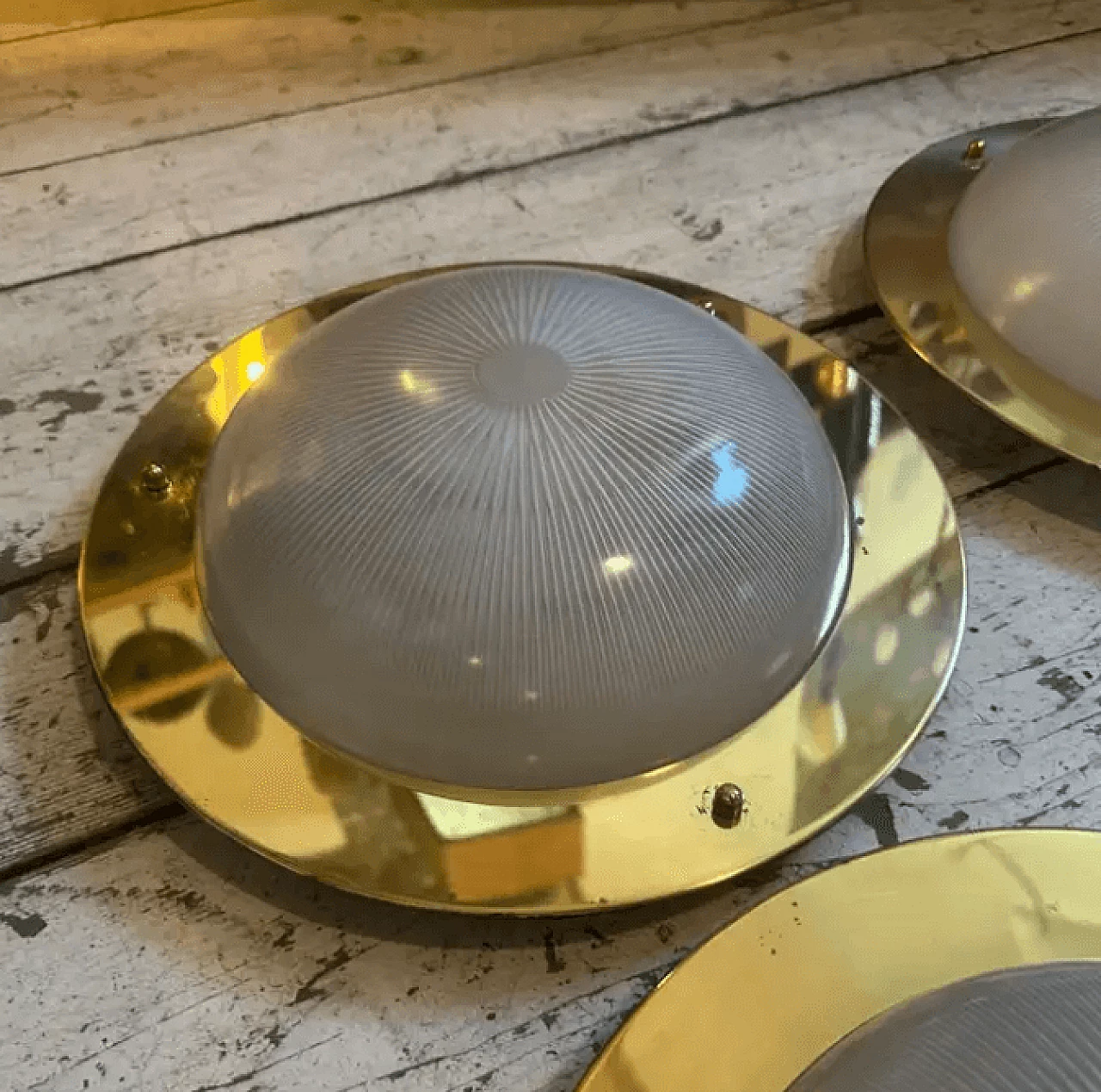 4 Round ceiling lights in brass and glass in the style of Luigi Caccia Dominioni, 1960s 5