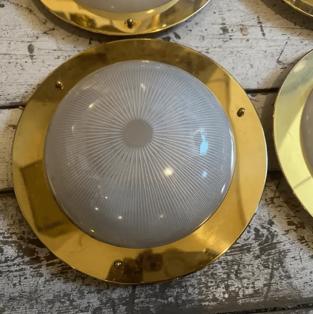 4 Round ceiling lights in brass and glass in the style of Luigi Caccia Dominioni, 1960s 6