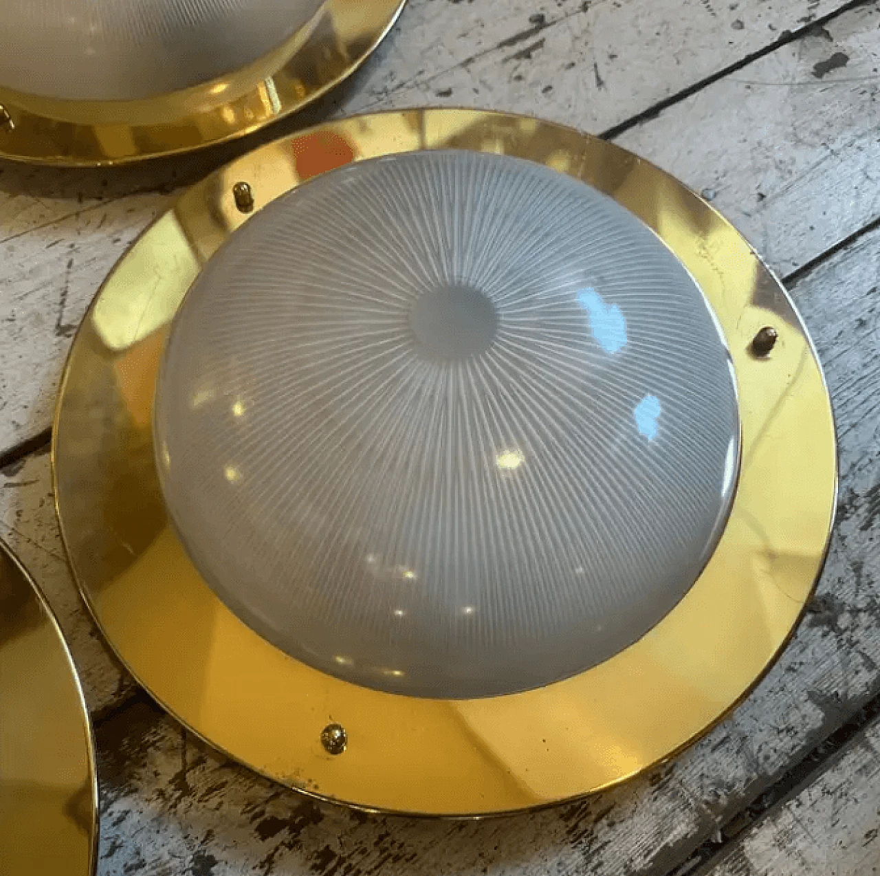4 Round ceiling lights in brass and glass in the style of Luigi Caccia Dominioni, 1960s 8