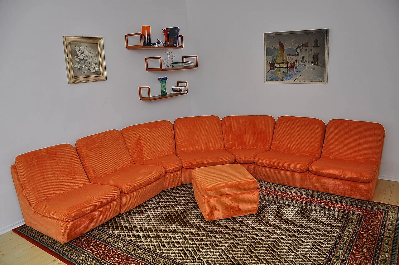 Orange corduroy modular sofa with pouf, 1970s 1