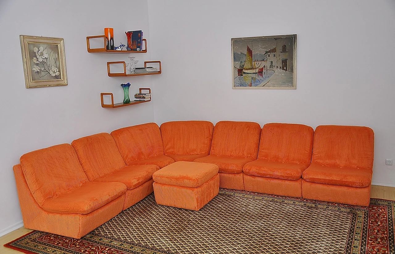 Orange corduroy modular sofa with pouf, 1970s 2