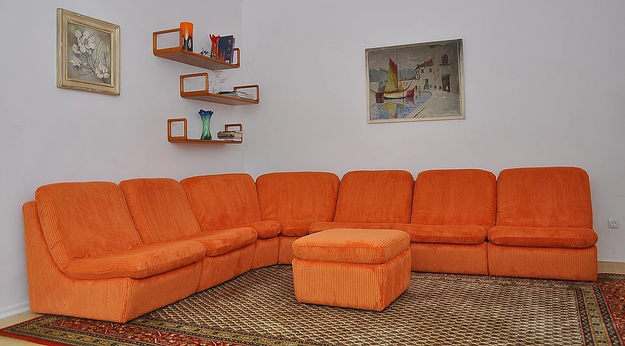 Orange corduroy modular sofa with pouf, 1970s 3