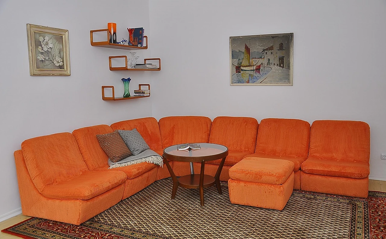 Orange corduroy modular sofa with pouf, 1970s 4