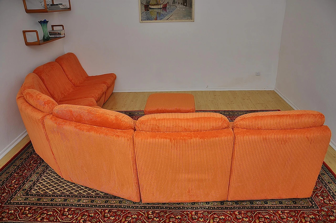 Divano modulare con pouf in velluto a coste arancione, anni '70 5