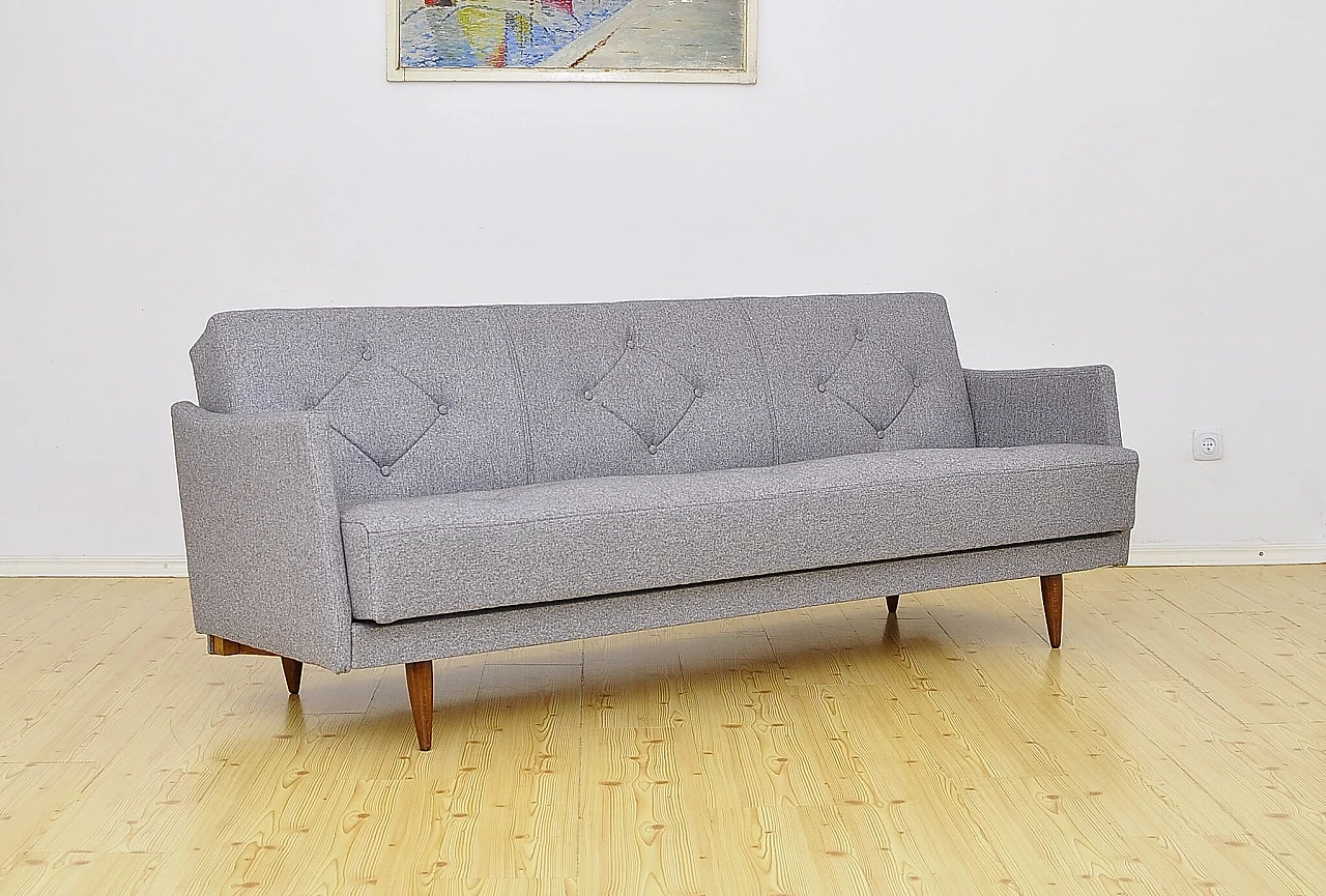 Beech and gray fabric sofa bed, 1960s 1