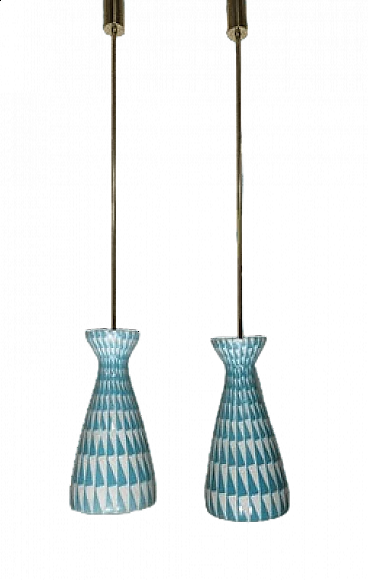Pair of glass and brass ceiling lamps, 1950s