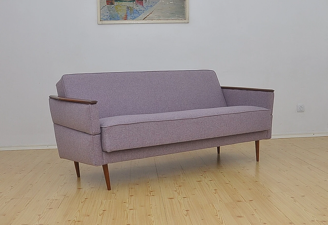 Beech and purple fabric folding sofa bed, 1960s 1