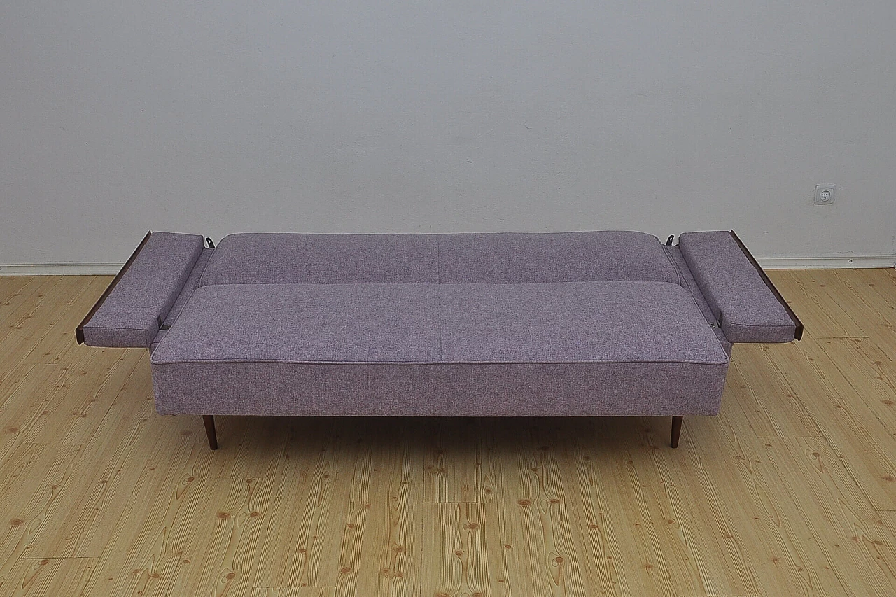 Beech and purple fabric folding sofa bed, 1960s 6