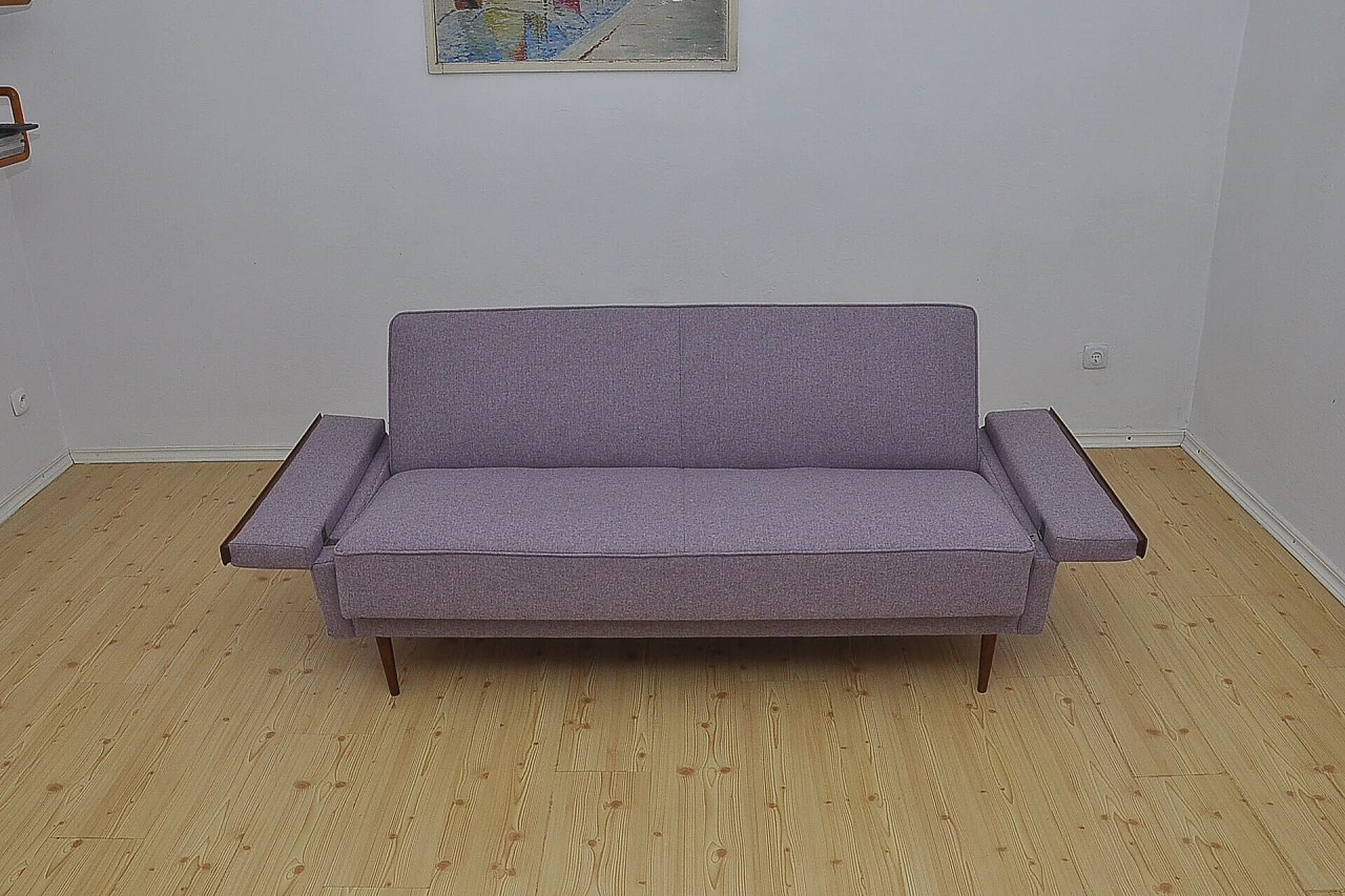 Beech and purple fabric folding sofa bed, 1960s 7
