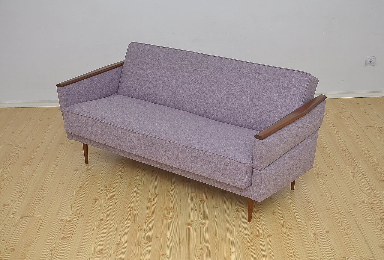 Beech and purple fabric folding sofa bed, 1960s 11