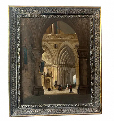 Oil on canvas with frame depicting the interior of a church, 19th century