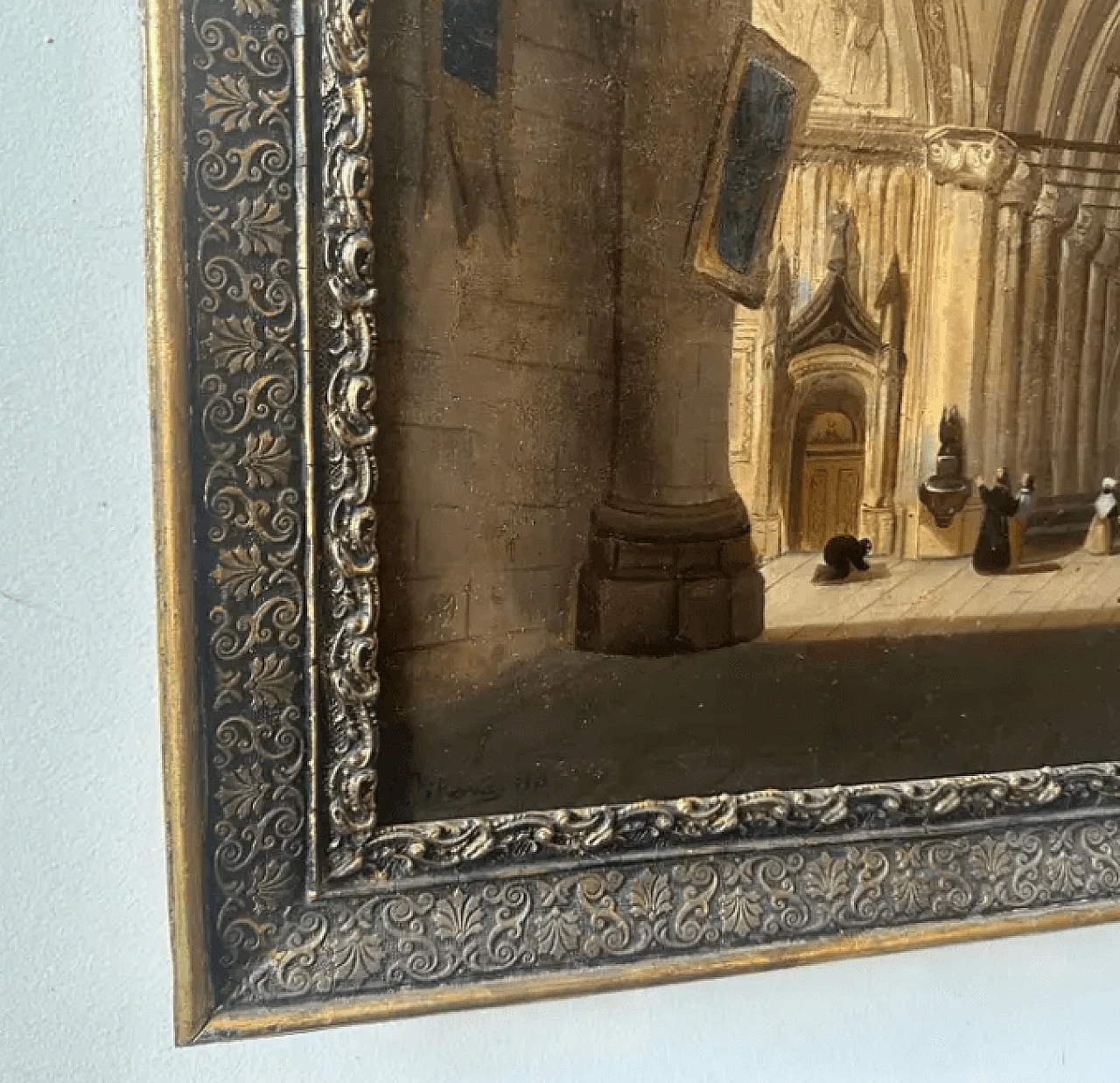 Oil on canvas with frame depicting the interior of a church, 19th century 3