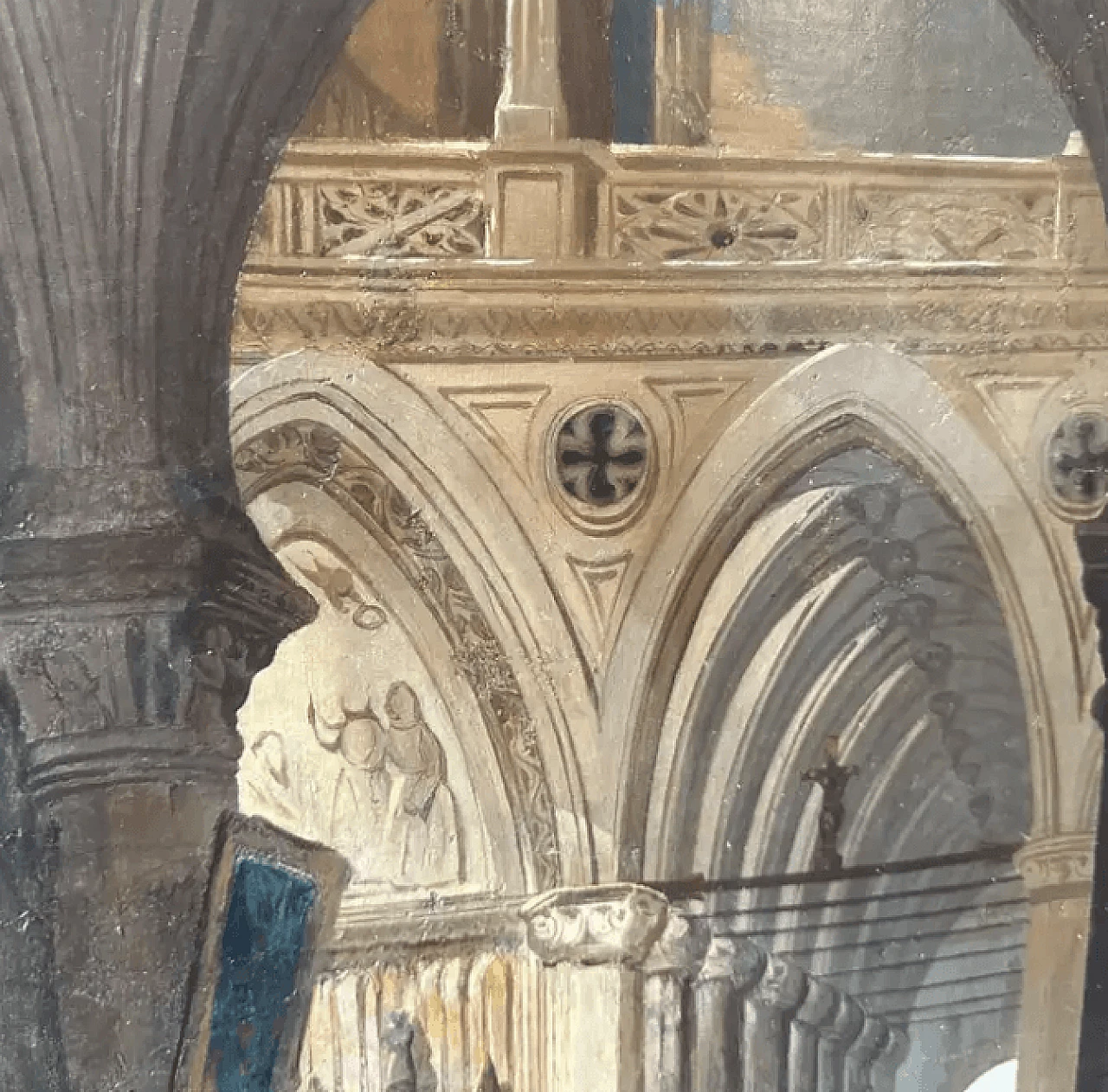 Olio su tela con cornice raffigurante l'interno di una chiesa, '800 4