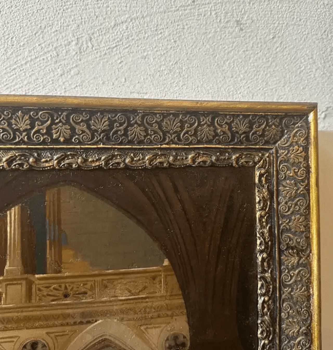 Olio su tela con cornice raffigurante l'interno di una chiesa, '800 5