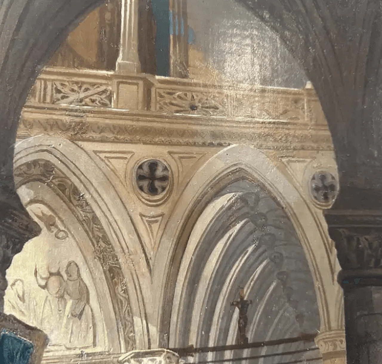 Olio su tela con cornice raffigurante l'interno di una chiesa, '800 9