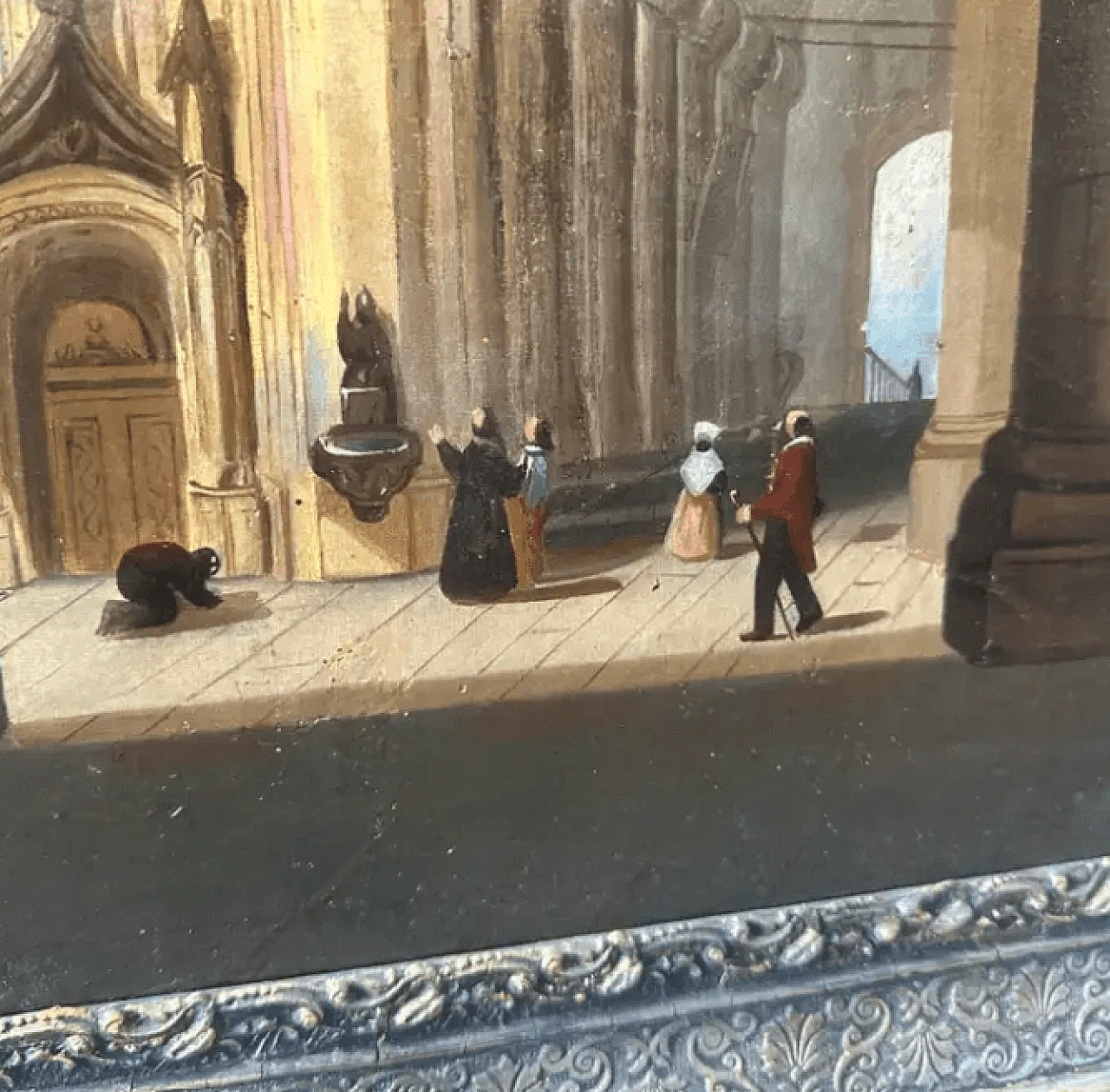 Olio su tela con cornice raffigurante l'interno di una chiesa, '800 10