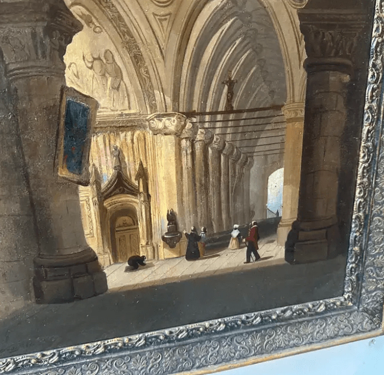 Olio su tela con cornice raffigurante l'interno di una chiesa, '800 11