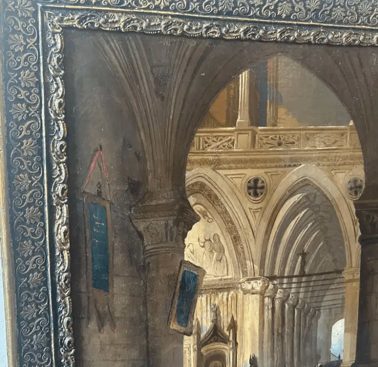 Olio su tela con cornice raffigurante l'interno di una chiesa, '800 12