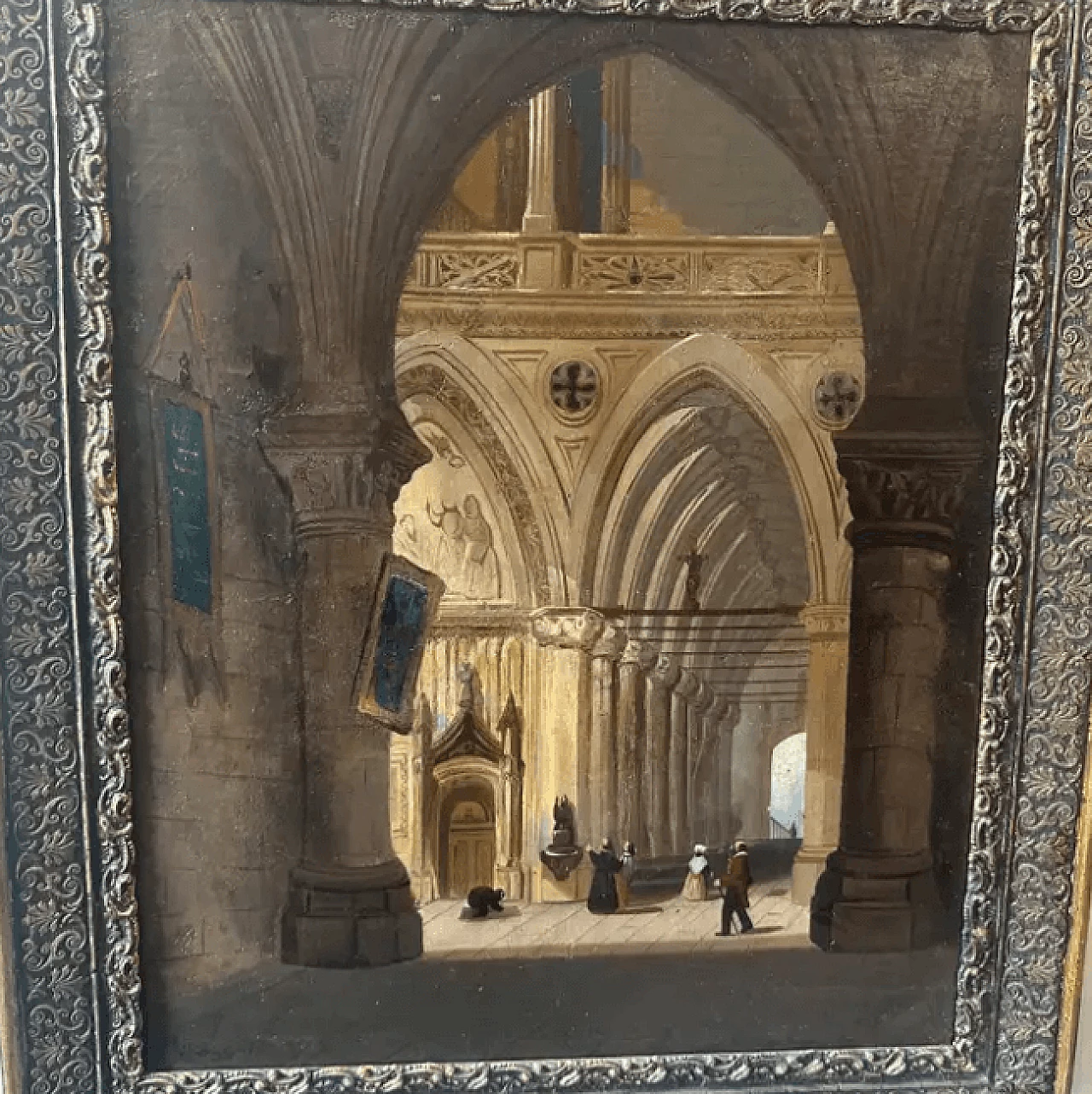 Olio su tela con cornice raffigurante l'interno di una chiesa, '800 13