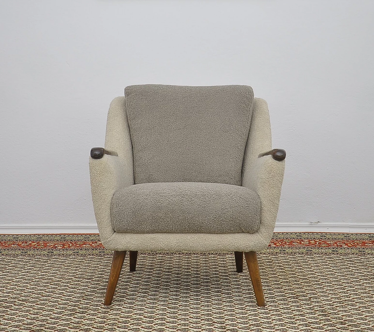 Beech and gray and beige bouclé fabric armchair, 1960s 1